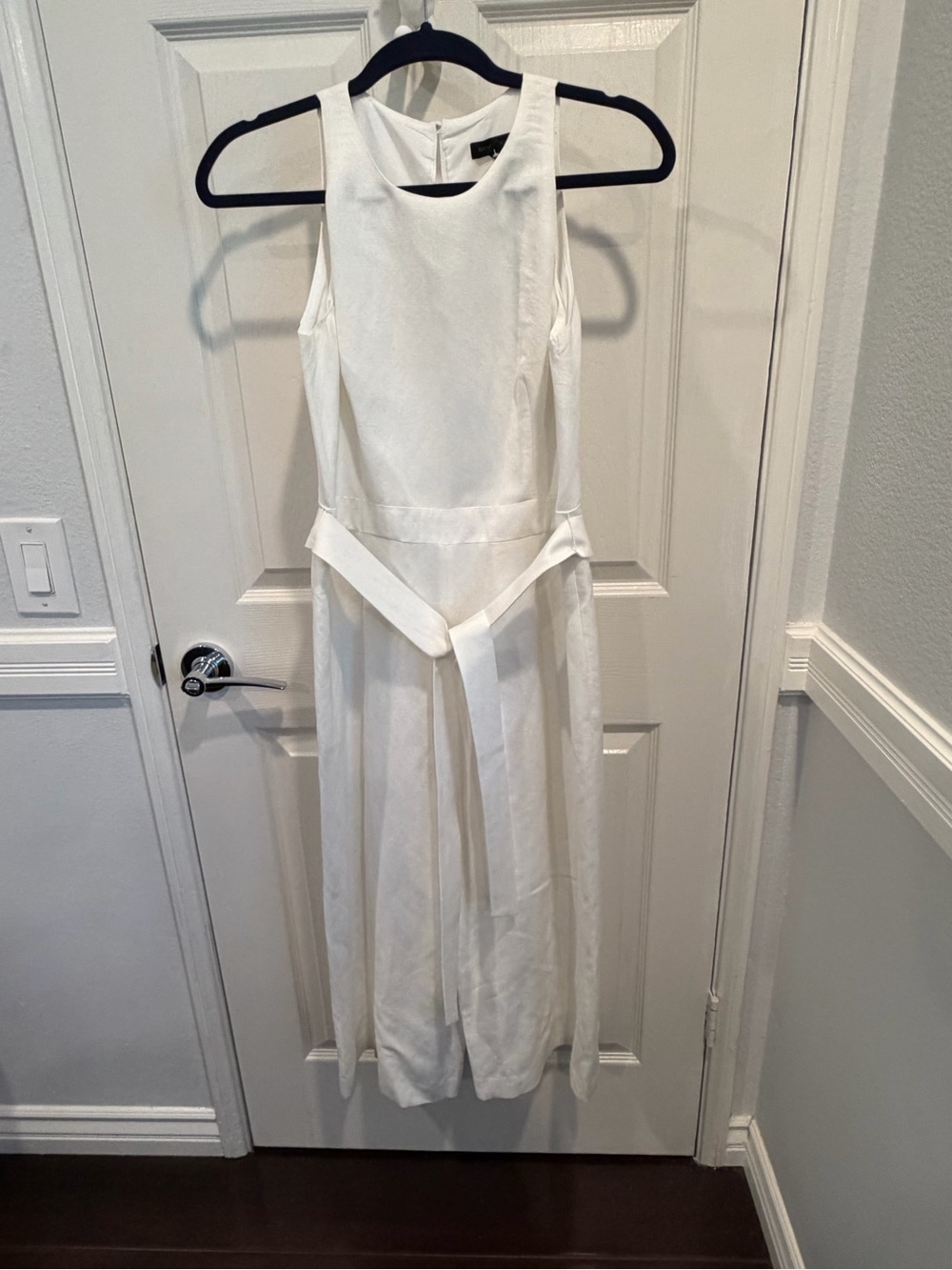 Sleeveless White Linen Jumpsuit with Belt and Lining